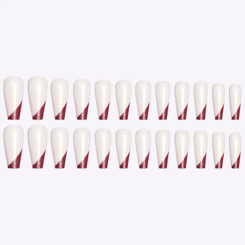 Rose gold beveled edge French manicure long ballet fake nails in a box of 24 pieces