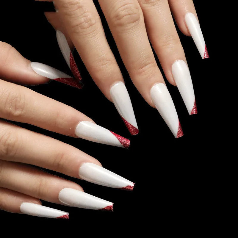 Rose gold beveled edge French manicure long ballet fake nails in a box of 24 pieces