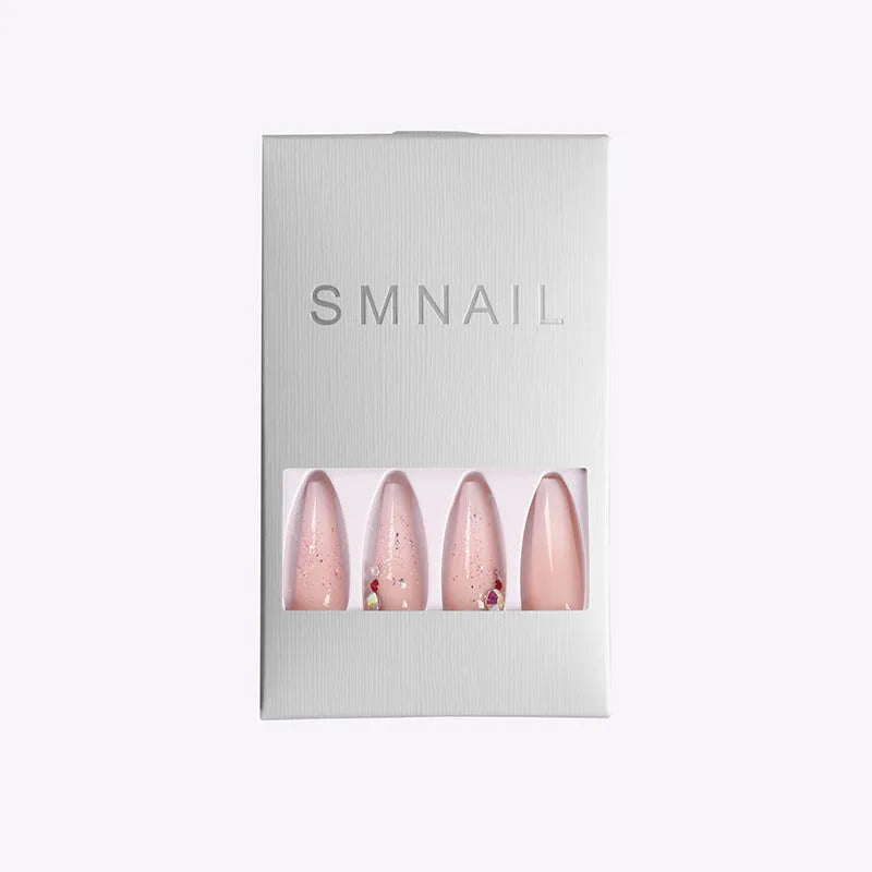 Box of 24 starry sky glitter fake nails in trapezoid shape with ballet gradient and smashed diamond powder finish