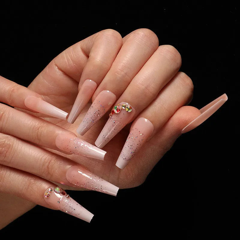 Box of 24 starry sky glitter fake nails in trapezoid shape with ballet gradient and smashed diamond powder finish