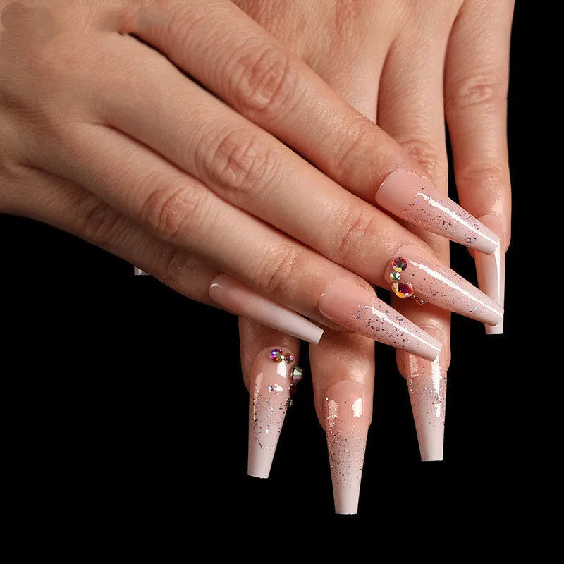 Box of 24 starry sky glitter fake nails in trapezoid shape with ballet gradient and smashed diamond powder finish