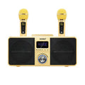 Black and gold Bluetooth karaoke speaker with two wireless microphones on a table.