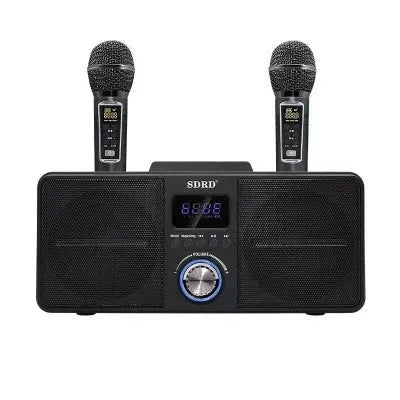 Black and gold Bluetooth karaoke speaker with two wireless microphones on a table.