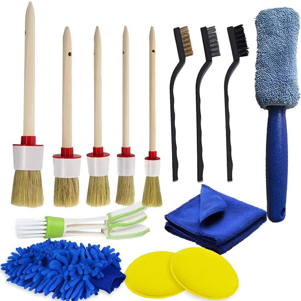 14-piece car cleaning brush set with wooden handle and PP brushes, steel brushes, sponges, glove and towel
