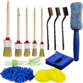 14-piece car cleaning brush set with wooden handle and PP brushes, steel brushes, sponges, glove and towel