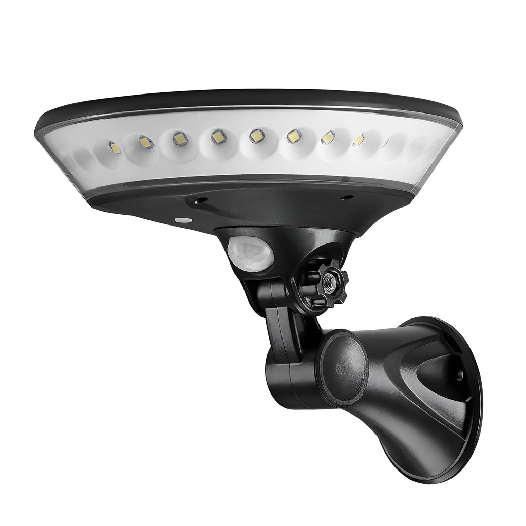 White 360-degree outdoor solar light with motion sensor and IP65 waterproof rating.