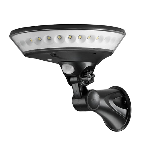 White 360-degree outdoor solar light with motion sensor and IP65 waterproof rating.