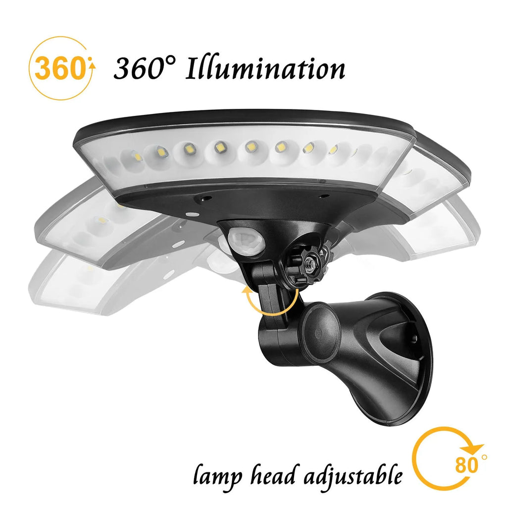 White 360-degree outdoor solar light with motion sensor and IP65 waterproof rating.