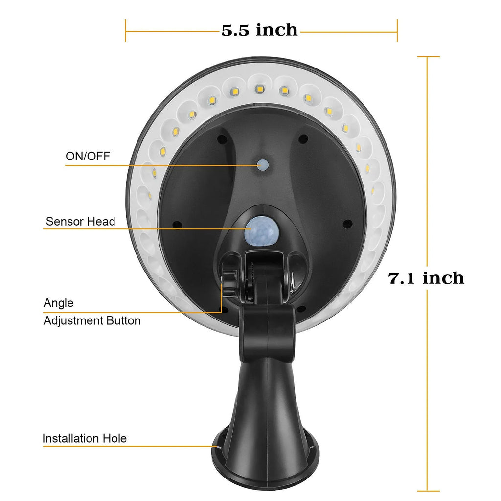 White 360-degree outdoor solar light with motion sensor and IP65 waterproof rating.