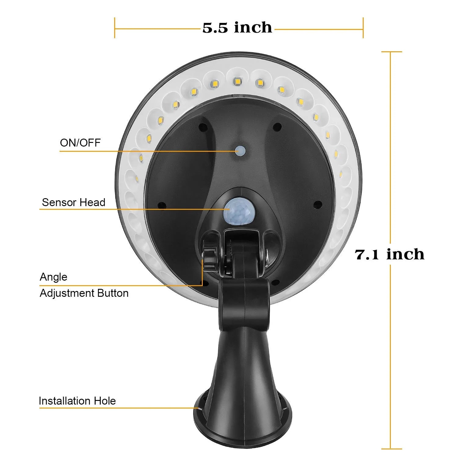 White 360-degree outdoor solar light with motion sensor and IP65 waterproof rating.