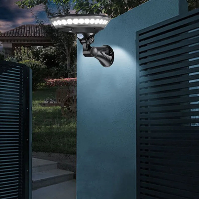 White 360-degree outdoor solar light with motion sensor and IP65 waterproof rating.
