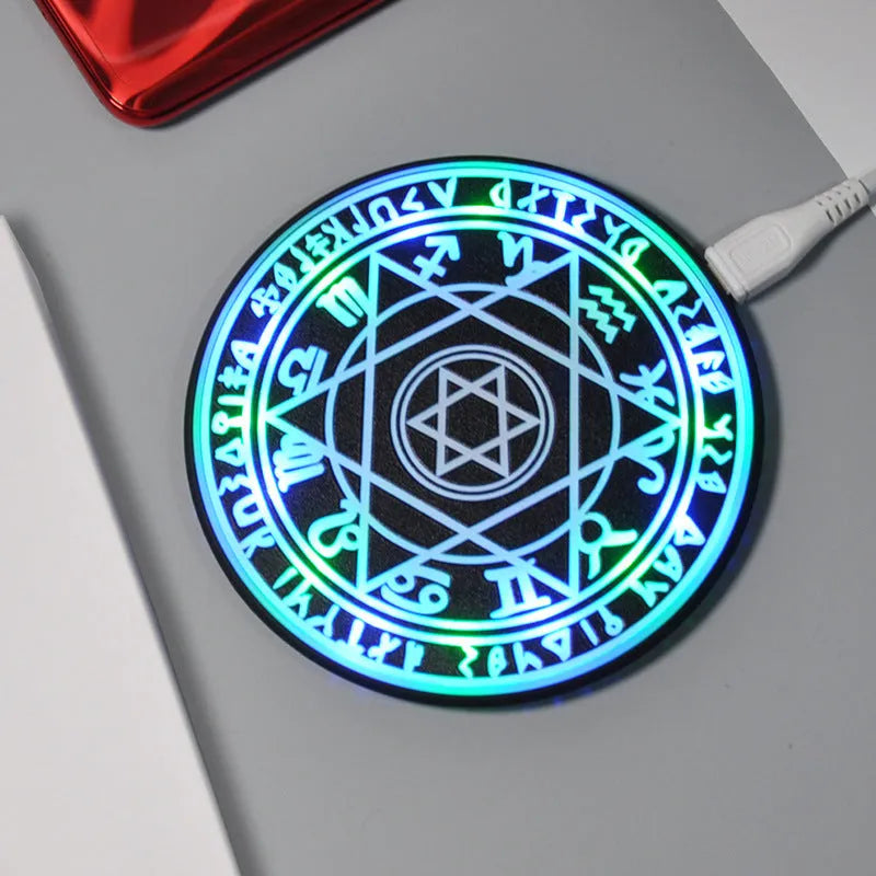 Magic circle design wireless charging pad showing geometric patterns with Qi 10W fast charging capability