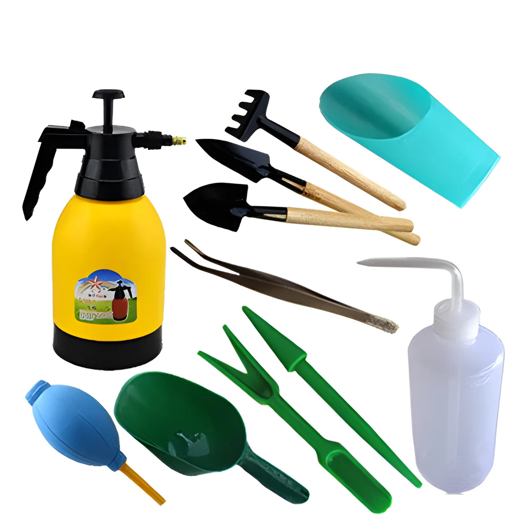 Succulent gardening tool set with mini shovel rake, tweezers, spray bottle, 1m blue and orange cloth, and 50m line.
