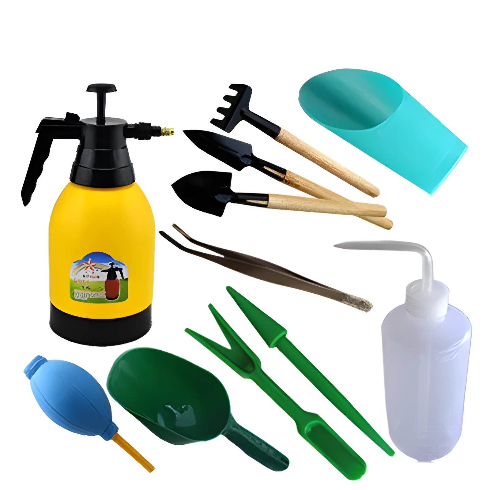 Succulent gardening tool set with mini shovel rake, tweezers, spray bottle, 1m blue and orange cloth, and 50m line.