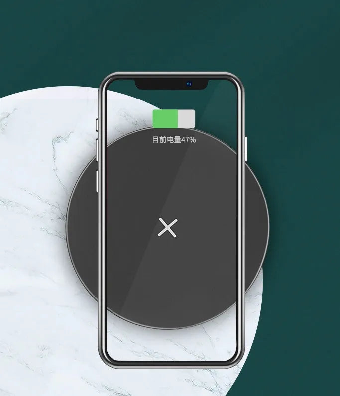 Ultra-thin round 15W wireless charger in Black with indicator light on a desk