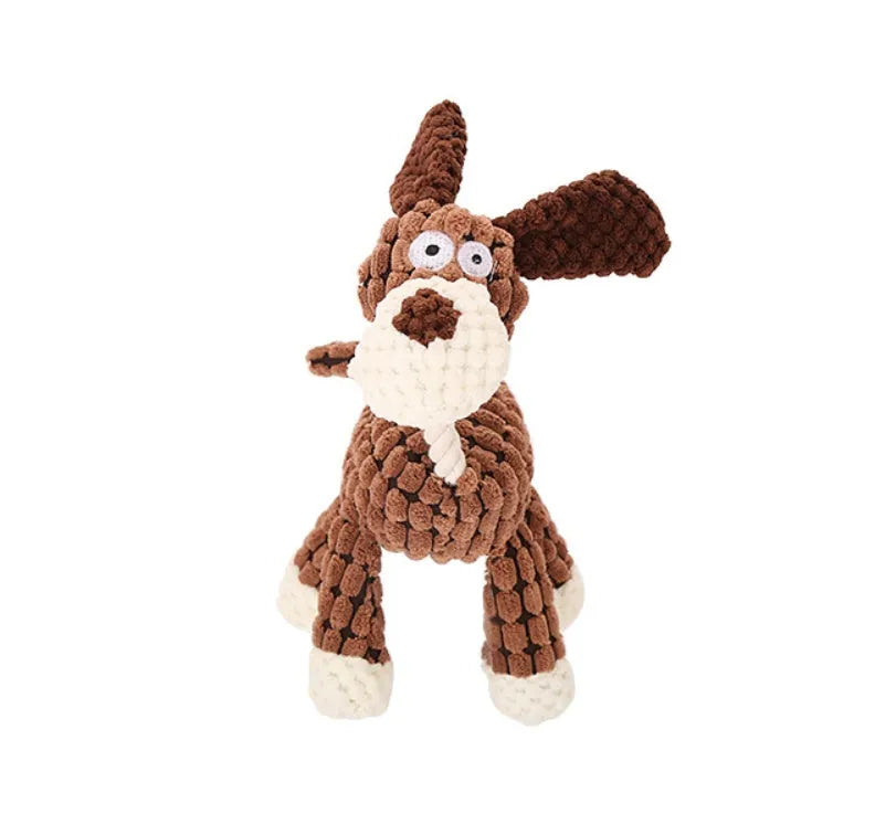 Plush donkey squeaky chew toy for dogs, soft corduroy fabric, available in white brown grey