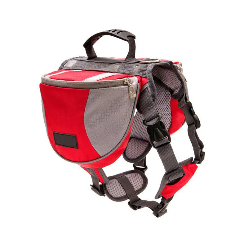 Dog hiking pack in black with adjustable neck straps, breathable mesh, and reflective tape for outdoor use