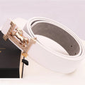 Gold horse buckle real leather belt in black, 3.3cm wide, on a plain background