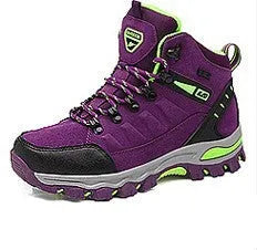Black high-top hiking shoes with front-tie laces and rubber sole on a neutral background