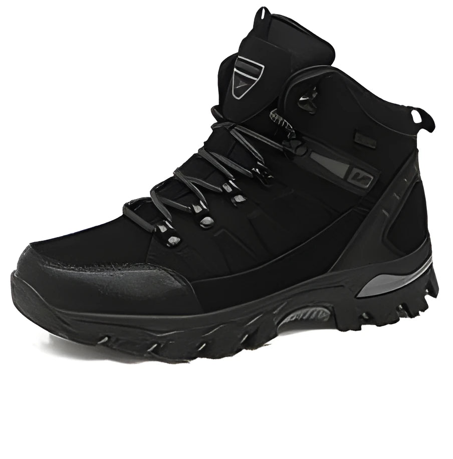 Black high-top hiking shoes with front-tie laces and rubber sole on a neutral background