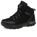 Black high-top hiking shoes with front-tie laces and rubber sole on a neutral background