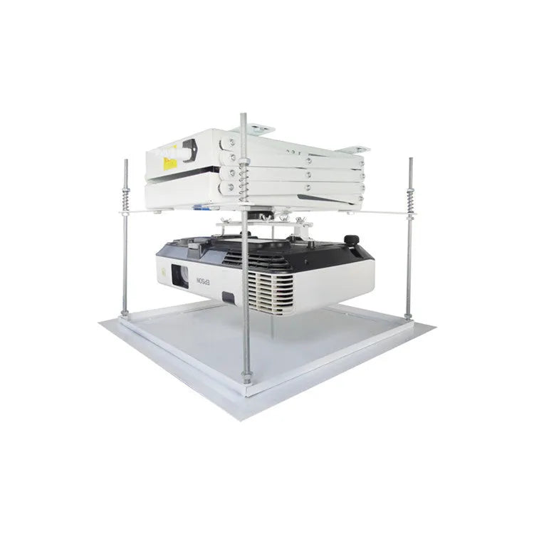 Electric projector lifting hanger with ultra-thin chassis and wireless remote on a ceiling