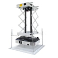 Electric projector lifting hanger with ultra-thin chassis and wireless remote on a ceiling