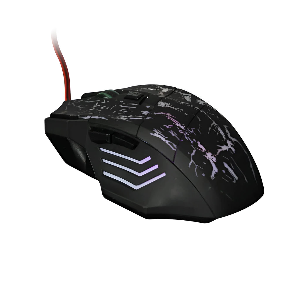 Black wired optical gaming mouse with seven buttons and USB cable for desktop PC