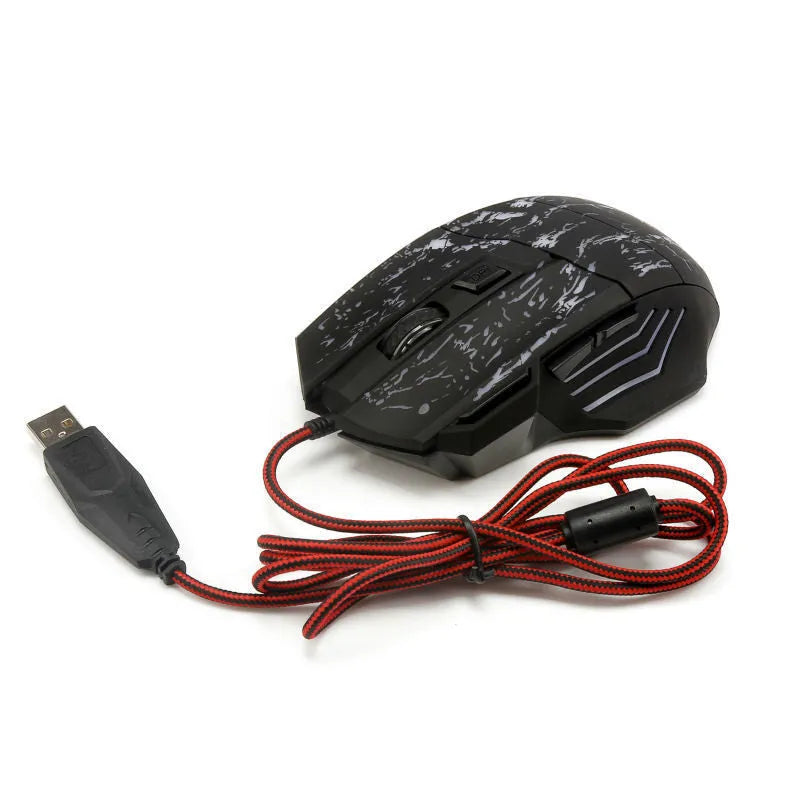 Black wired optical gaming mouse with seven buttons and USB cable for desktop PC