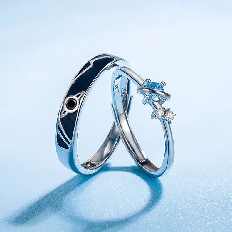 925 sterling silver unisex couple rings with geometric design and inlaid gems, silver colour, 3.75g precious metal weight