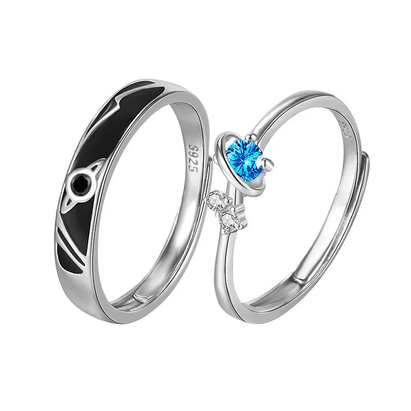 925 sterling silver unisex couple rings with geometric design and inlaid gems, silver colour, 3.75g precious metal weight