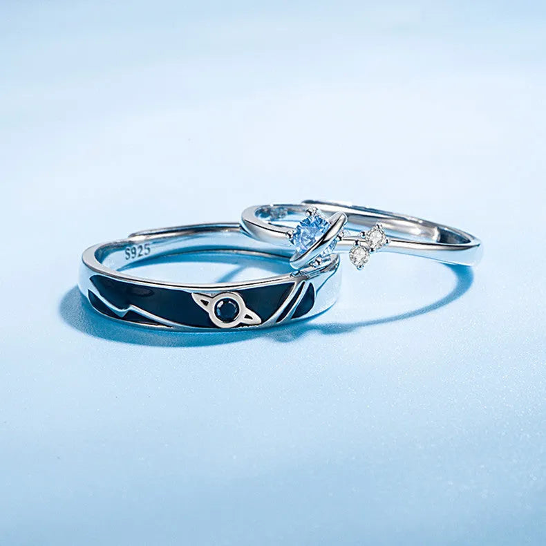 925 sterling silver unisex couple rings with geometric design and inlaid gems, silver colour, 3.75g precious metal weight