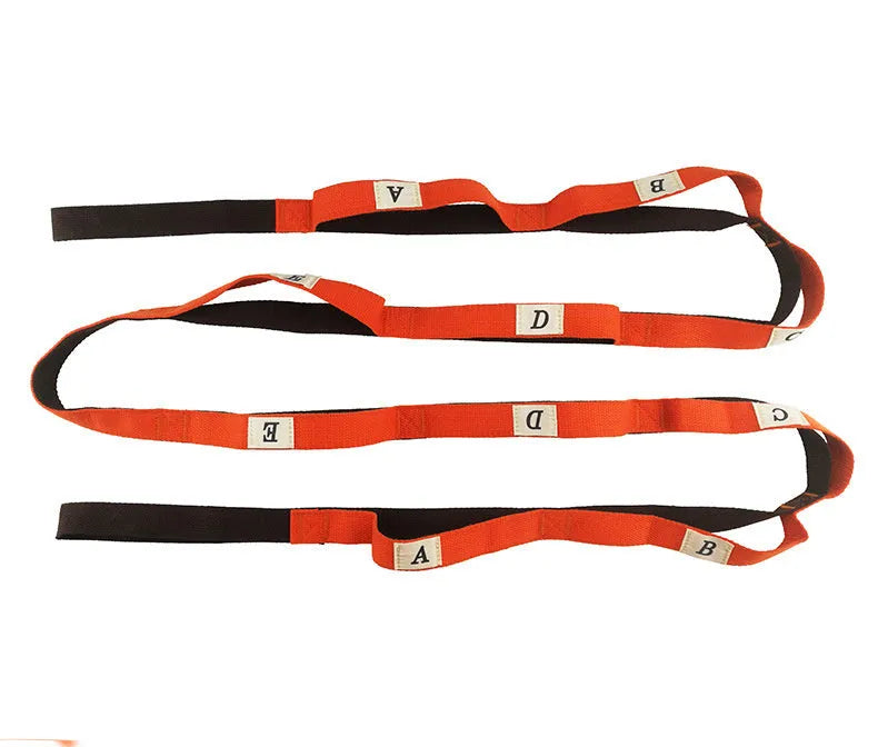 Polyester cotton yoga stretch band in blue, approximately 1.5 metres long, on a white background
