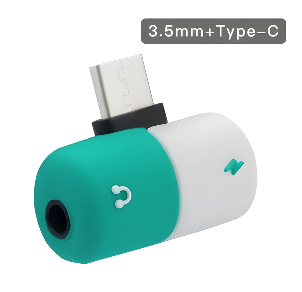 Small blue 2-in-1 adapter splitting into USB charging port and 3.5mm audio jack for Huawei phones