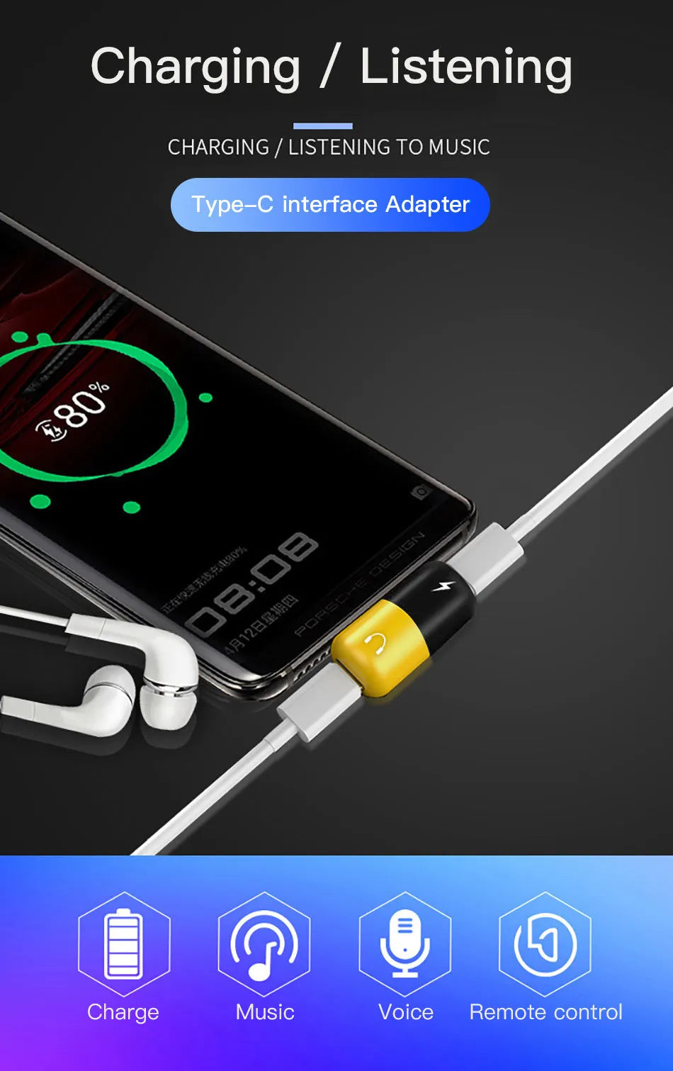 Small blue 2-in-1 adapter splitting into USB charging port and 3.5mm audio jack for Huawei phones