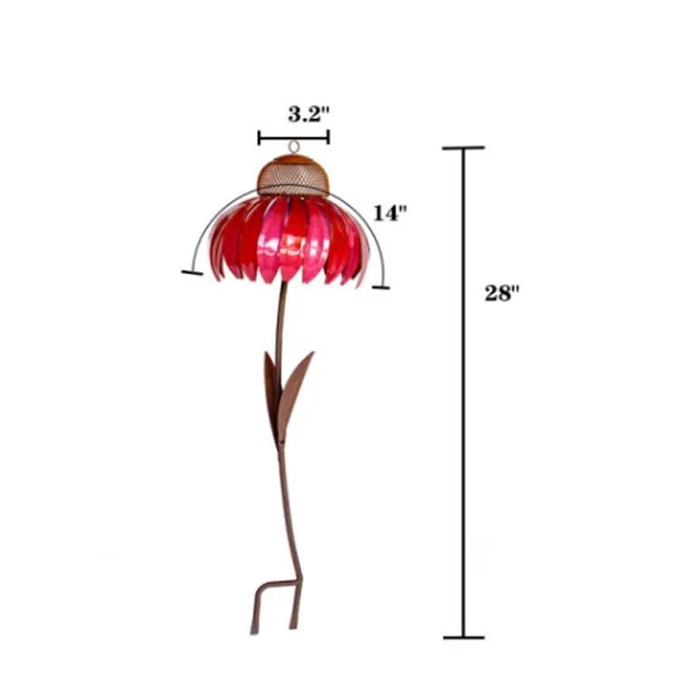 Garden petal shape wire bird feeder in red, 78cm long, hanging outdoors