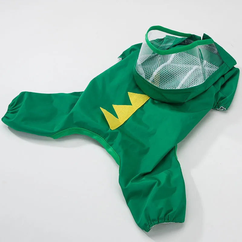 Two-legged polyester taffeta dog raincoat for small dogs and puppies, available in yellow bear, green dinosaur, and red bear, sizes XS to 3XL