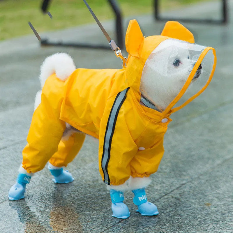 Two-legged polyester taffeta dog raincoat for small dogs and puppies, available in yellow bear, green dinosaur, and red bear, sizes XS to 3XL