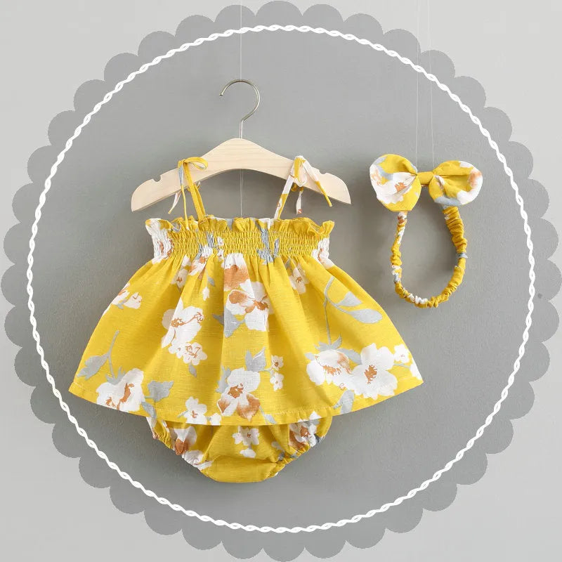Baby summer cotton dress in blue with flower pattern and strap skirt style for toddler girls