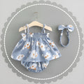Baby summer cotton dress in blue with flower pattern and strap skirt style for toddler girls