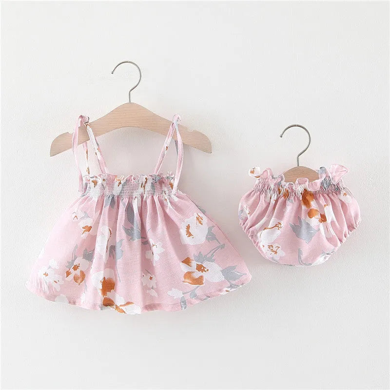 Baby summer cotton dress in blue with flower pattern and strap skirt style for toddler girls