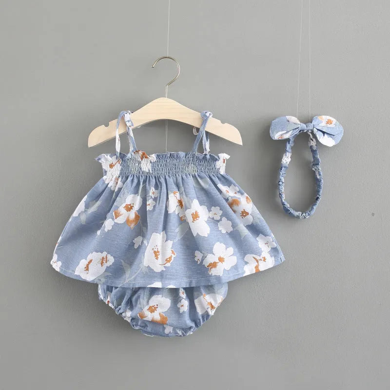 Baby summer cotton dress in blue with flower pattern and strap skirt style for toddler girls