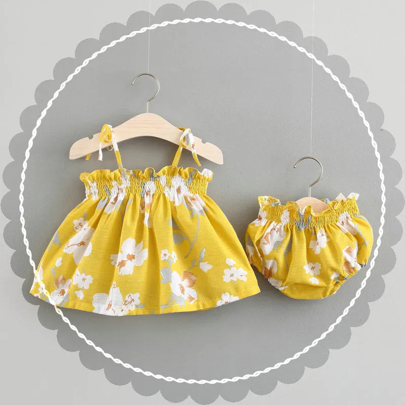 Baby summer cotton dress in blue with flower pattern and strap skirt style for toddler girls