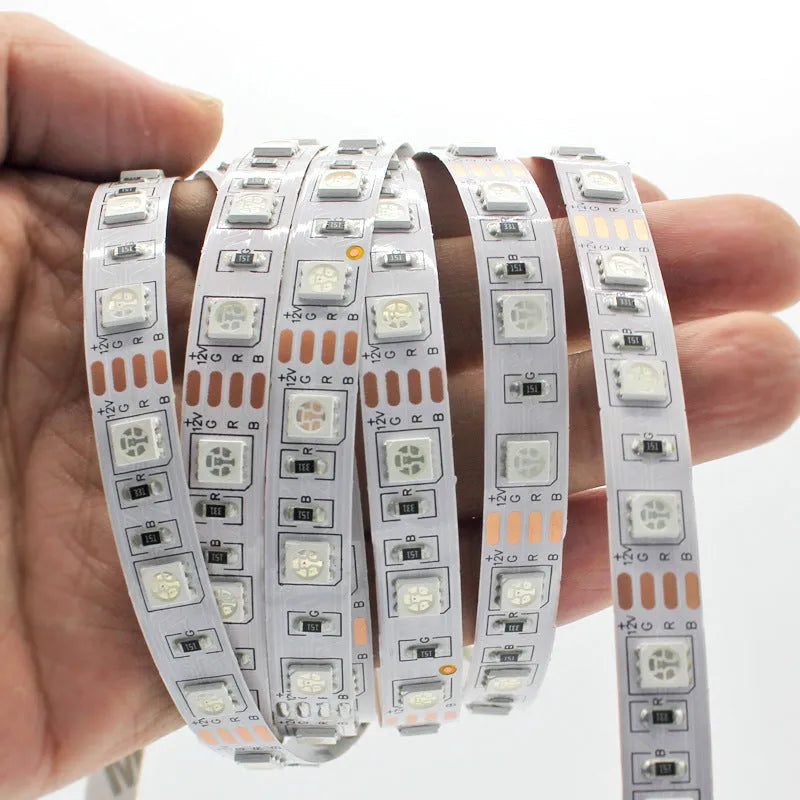 RGB LED strip light with 60 5050 lamp beads per metre and remote control, multiple waterproof options