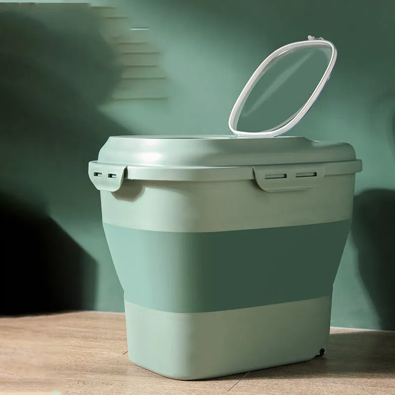 Green 16L sealed pet food storage bucket with lid for cat and dog dry food