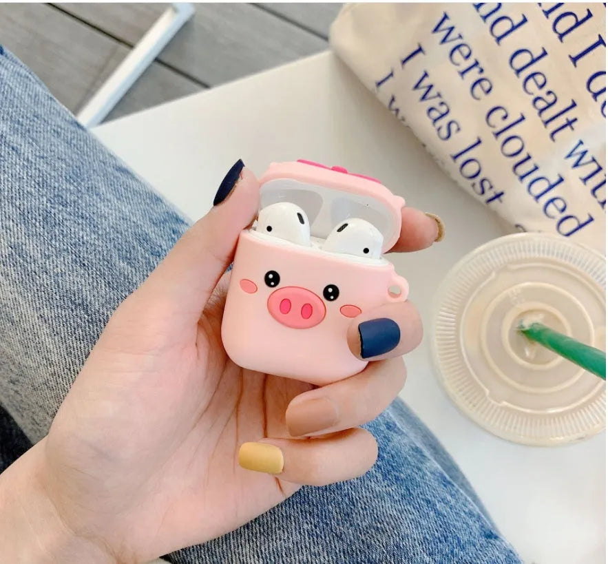 Pink silicone protective case for AirPods with cartoon animal design, back cover style