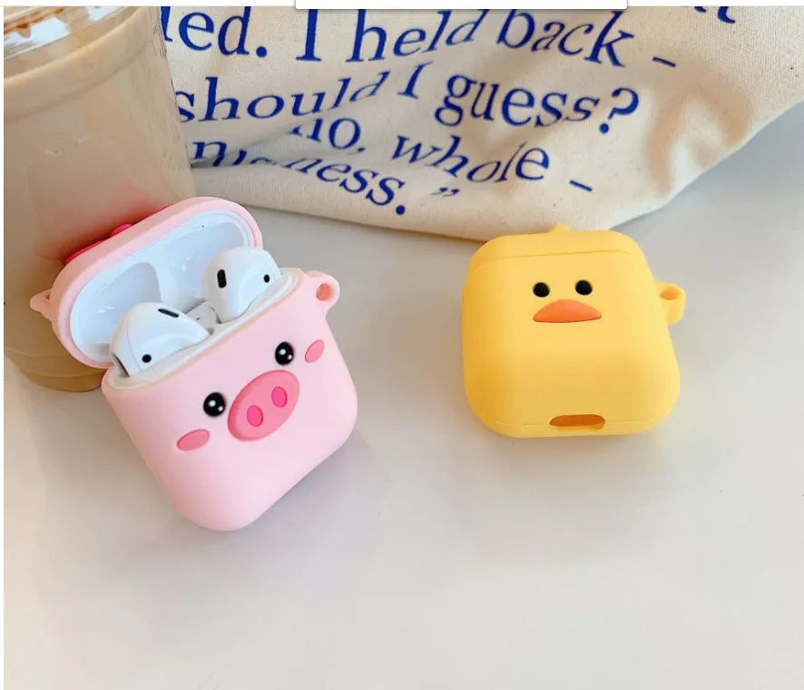 Pink silicone protective case for AirPods with cartoon animal design, back cover style
