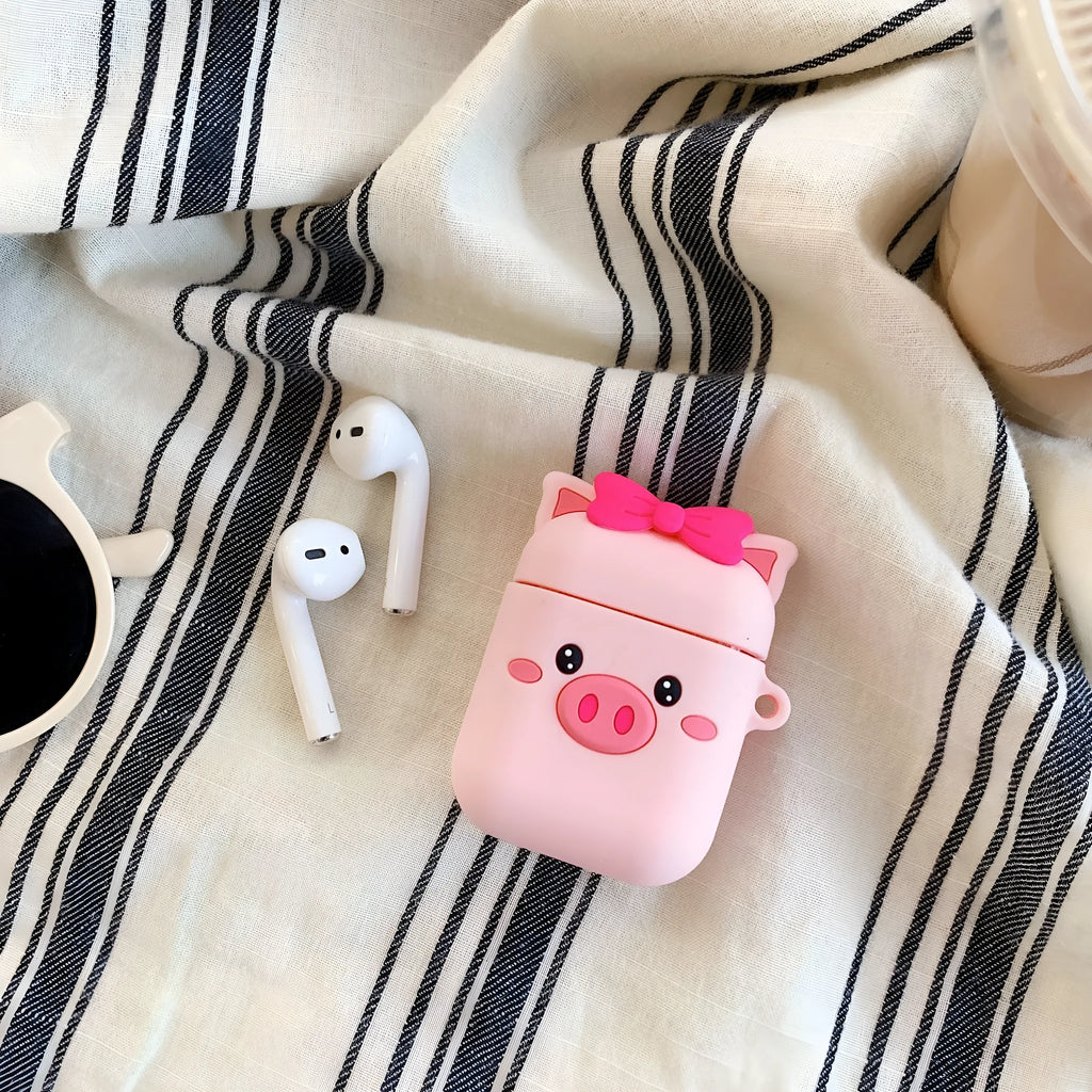 Pink silicone protective case for AirPods with cartoon animal design, back cover style