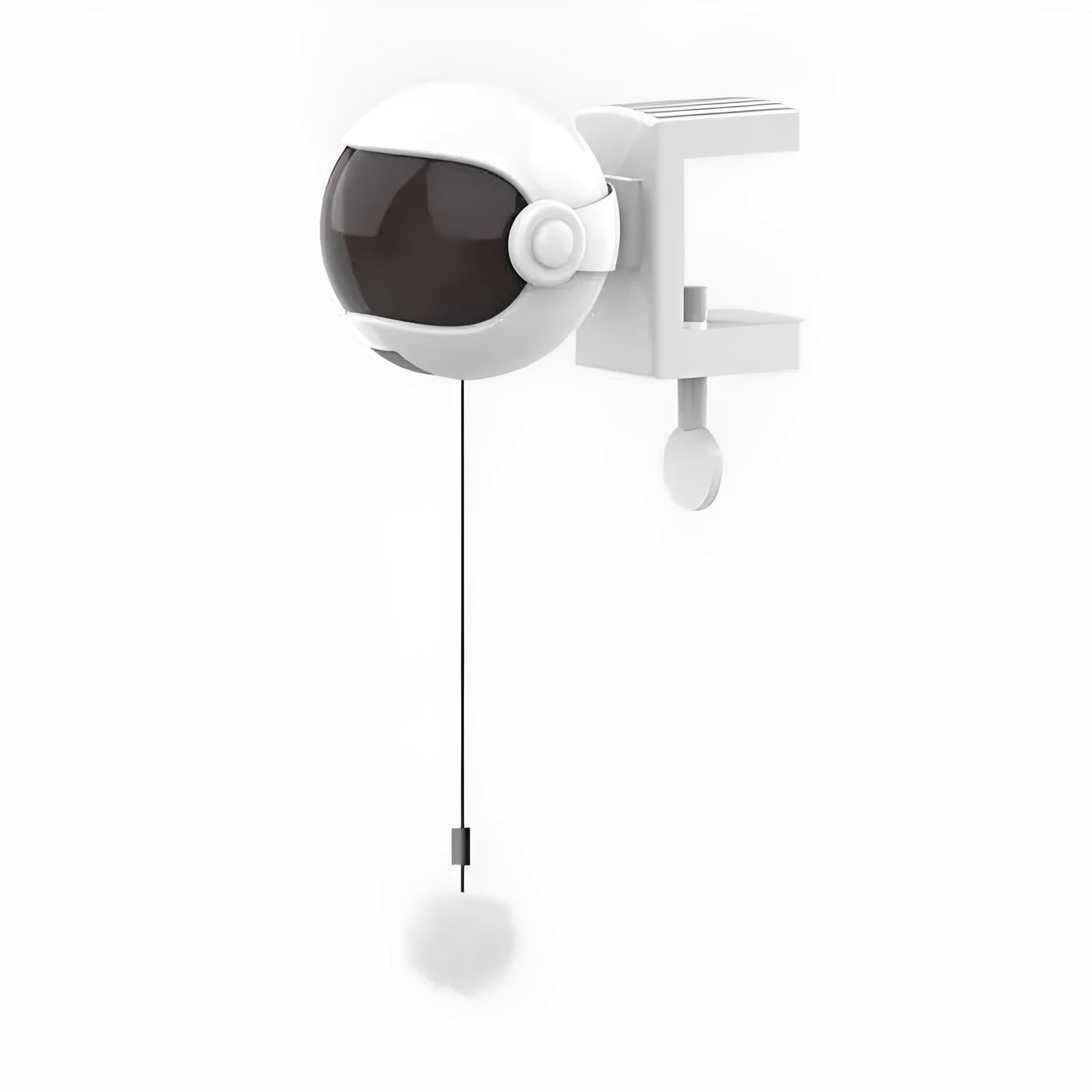 Automatic cat toy with white base and rabbit fur ball swinging on arm
