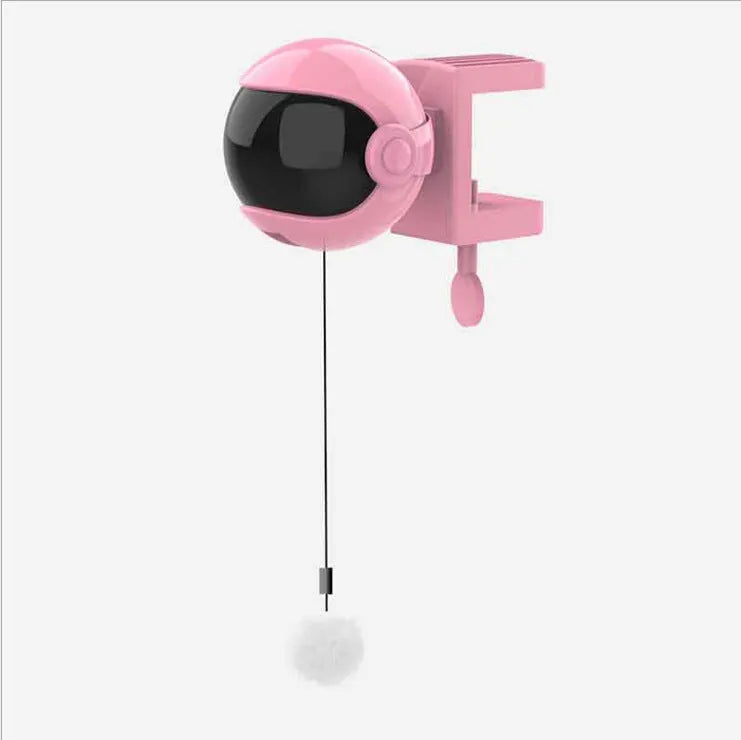 Automatic cat toy with white base and rabbit fur ball swinging on arm